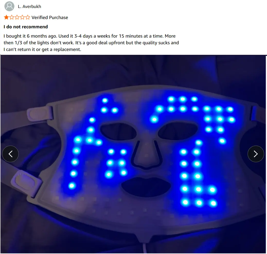 Amazon one star review of the Nanoleaf LED mask after six months, with a photo showing large dark zones and surviving LEDs grouped in rectangular blocks