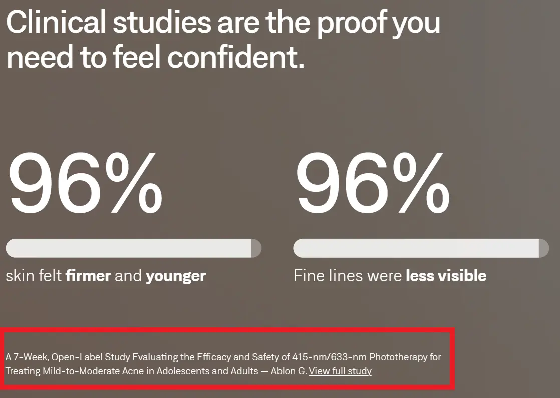 The Omnilux Contour Face product page showing three anti-aging percentage claims cited to an acne phototherapy study