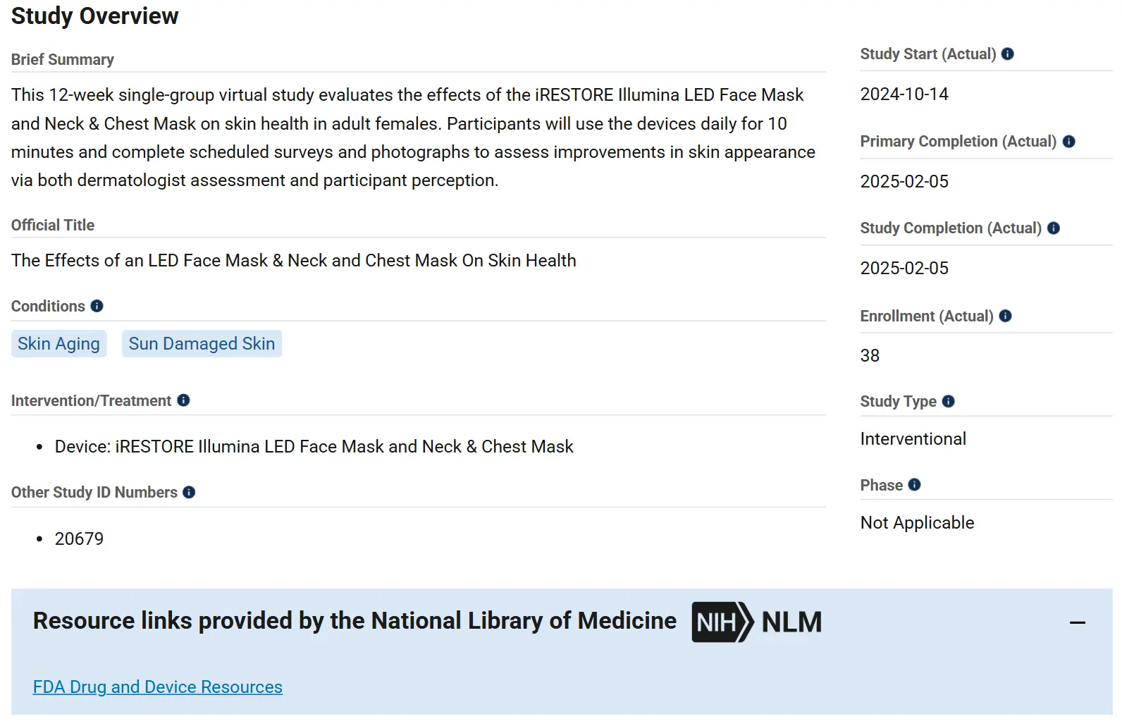 Study irestore led mask nct07025837