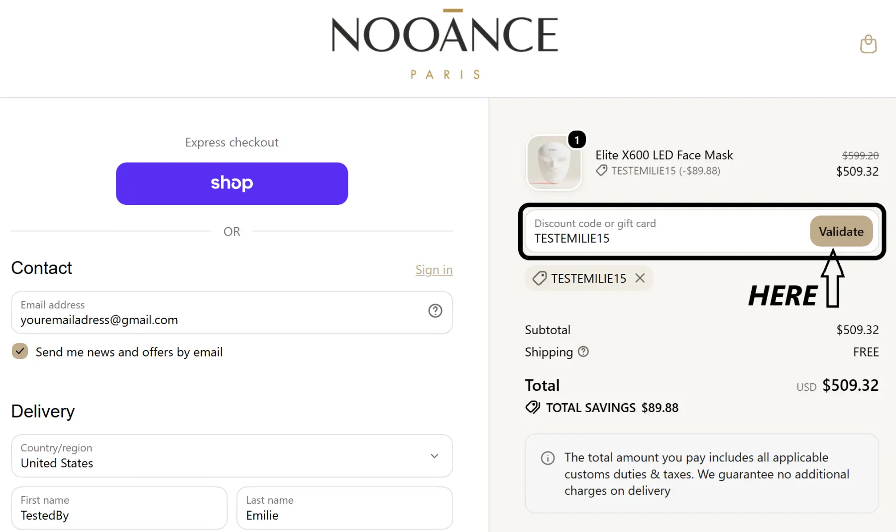 Demonstration how to use the promo code nooance testemilie15