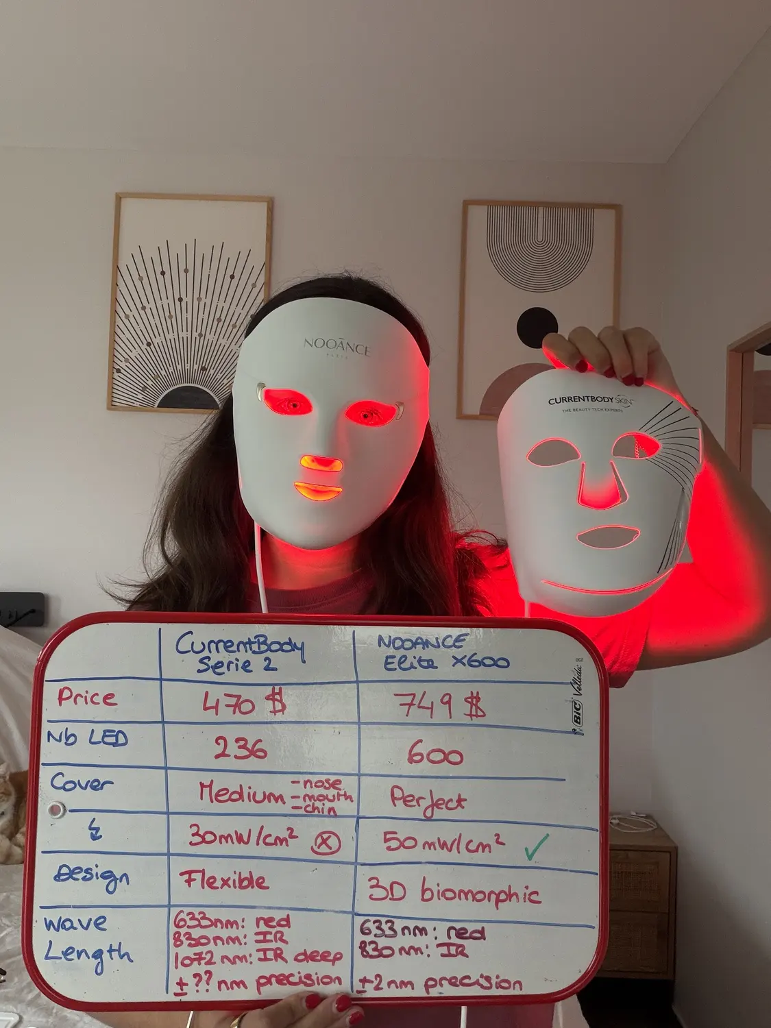 Emilie wearing the Nooance Elite X600, holding the CurrentBody Series 2 and a whiteboard comparing price, LED count, coverage, irradiance, design and wavelengths of the two LED masks