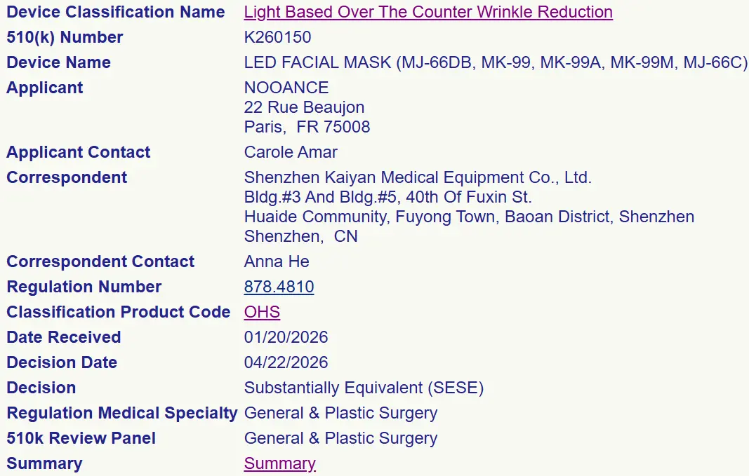 Fda cleared for nooance led mask