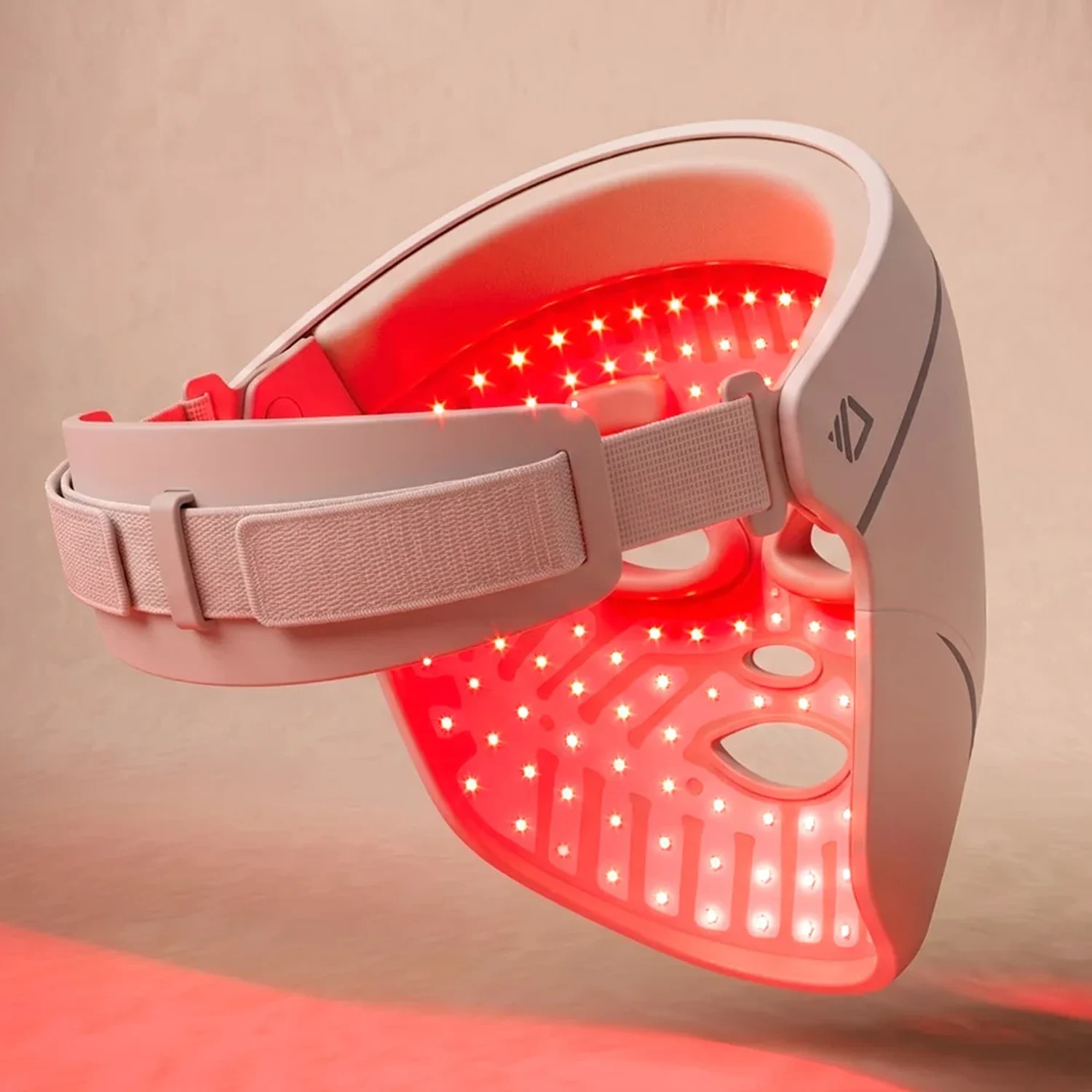 Inside of the Dermalux LED Face Mask, rows of lit LEDs around the eye and nose cutouts