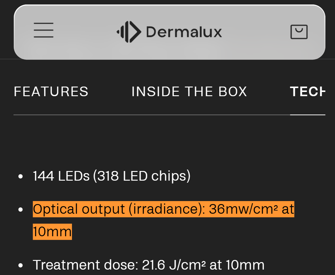 Irradiance light output dermalux led mask home