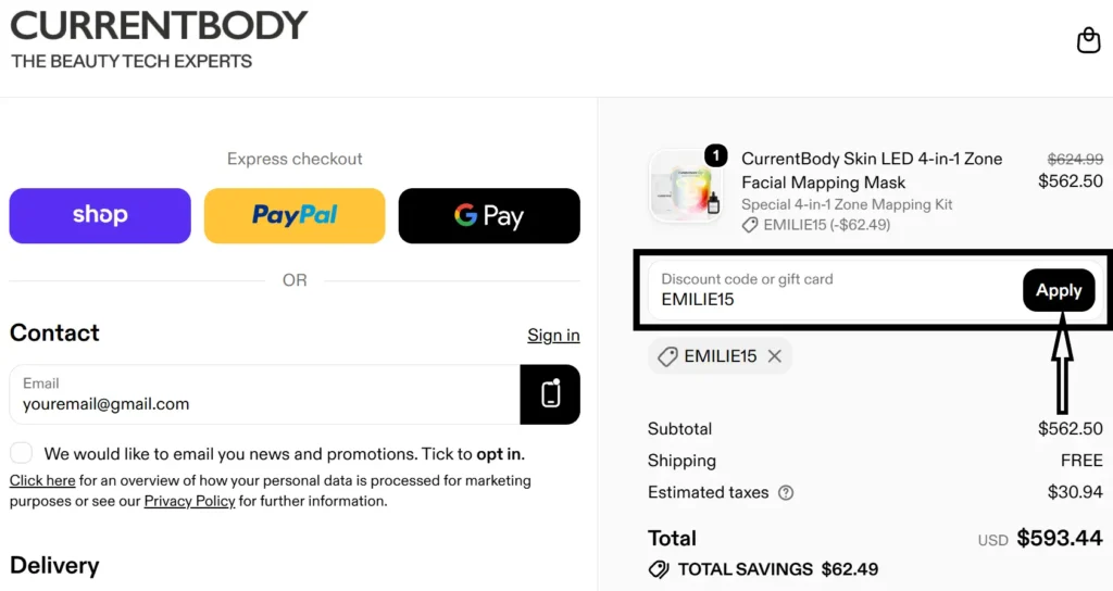 Where to use the promo code currentbody emilie15 tutorial